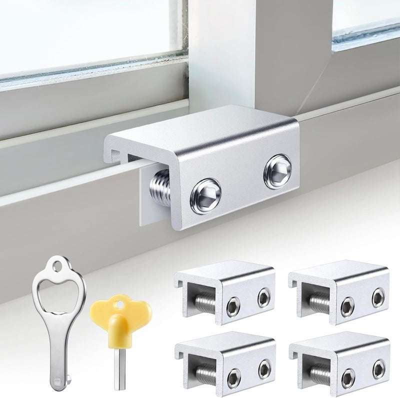 STERGDE Sliding Window Locks (4 Sets), Security Window Locks with Keys, Adjustable Aluminum Sliding Window Stops, Easy Installation Without Drilling, for Vertical and Horizontal Sliding Windows (Silver) - Image 1